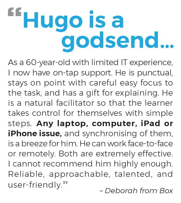 Client testimonial graphic reading “Hugo is a godsend…” — Deborah from Box